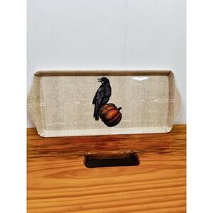 Rachel Zoe Vintage Style Halloween Pumpkin Crow Newspaper Melamine Tray 15"x6.5"